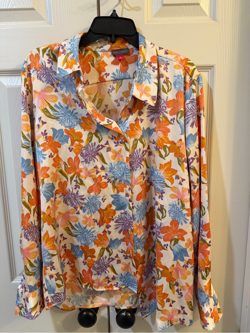Vince Camuto Women’s Floral Button-Up Shirt - White with Orange & Blue
